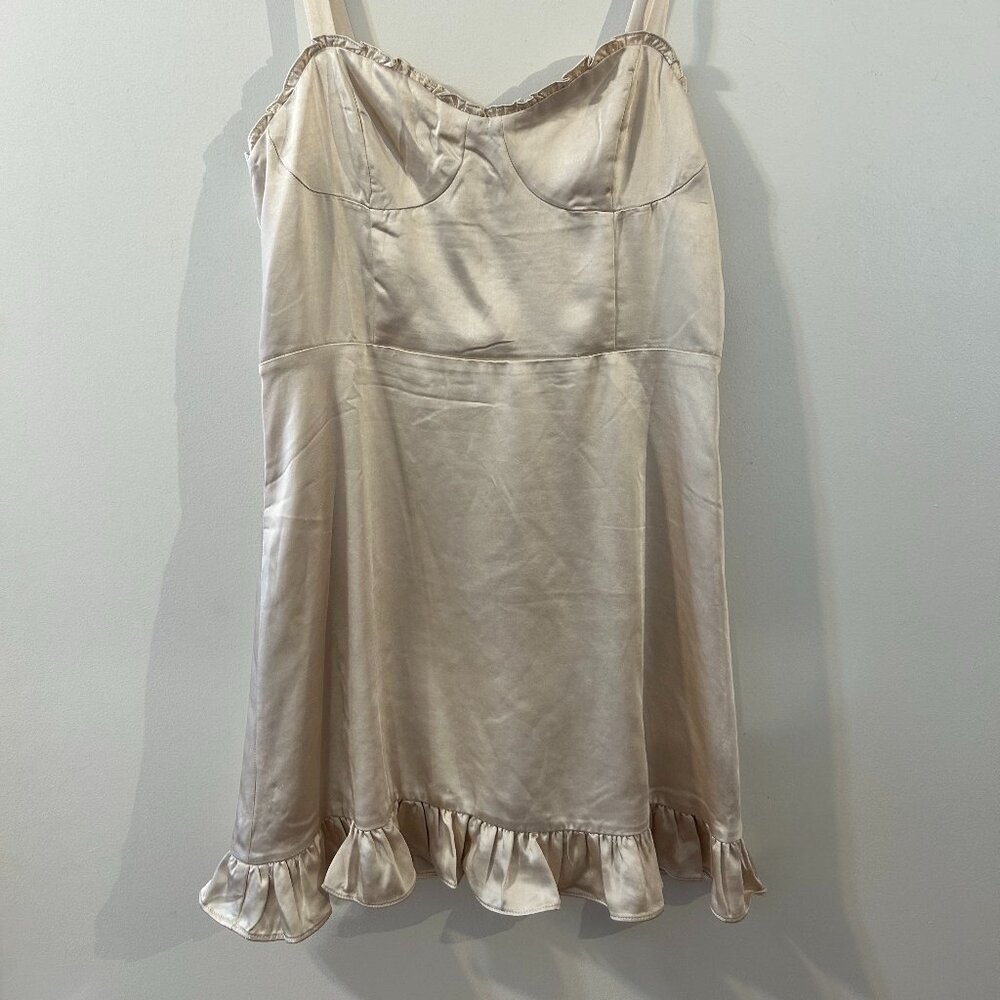Silky Satin Mini Dress – Champagne Nude with Ruffle Hem